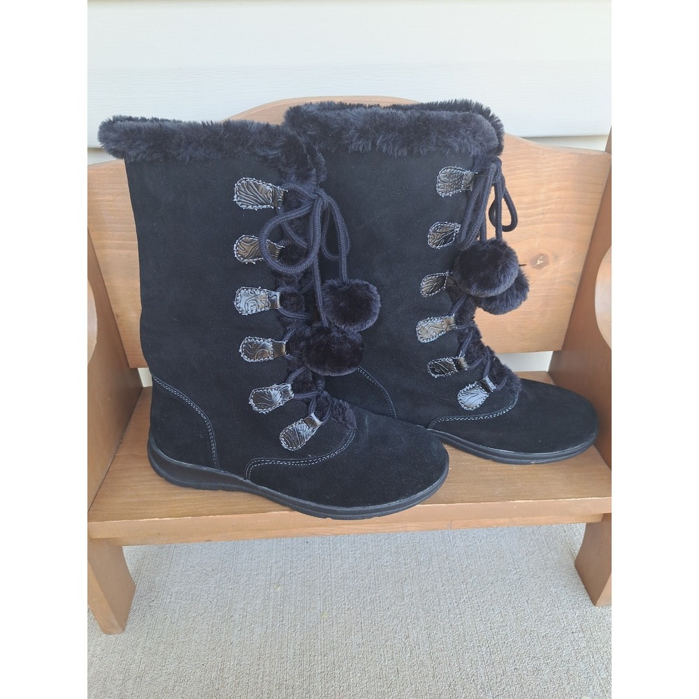 White Mountain‎ Women's Black Suede Leather Winter Boots 8 M Lace-up Faux Fur